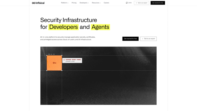 Infisical website with the Security Infrastructure for Developers and Agents headline