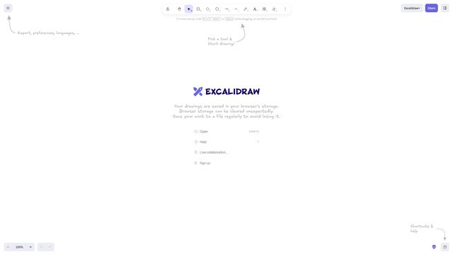 Excalidraw whiteboard app with its welcome screen
