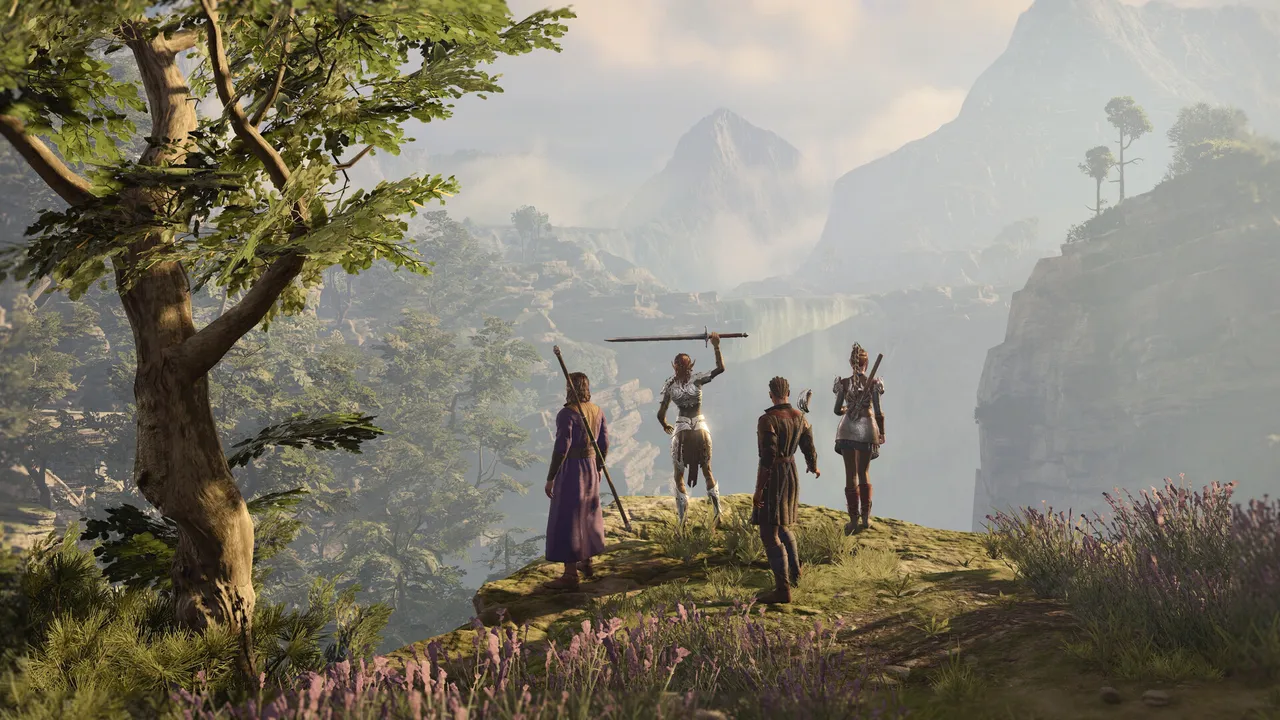 Baldur's Gate 3 party of four on a cliff