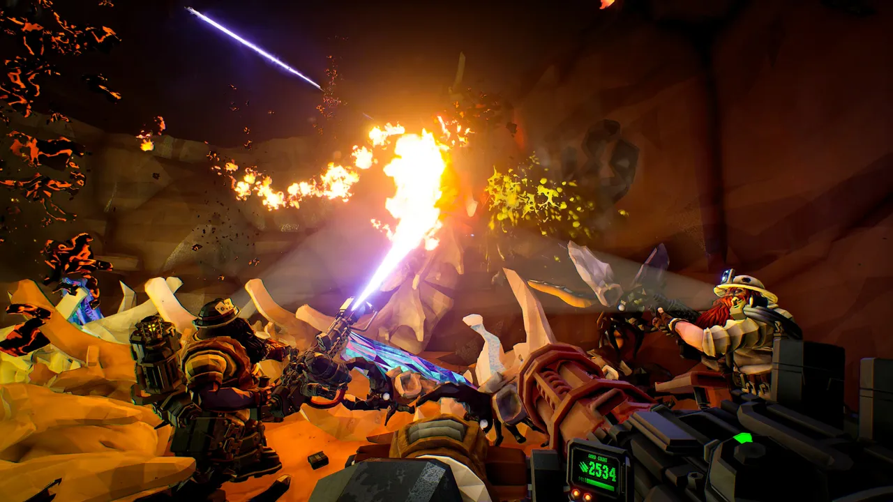 Deep Rock Galactic dwarves fighting bugs in a cave