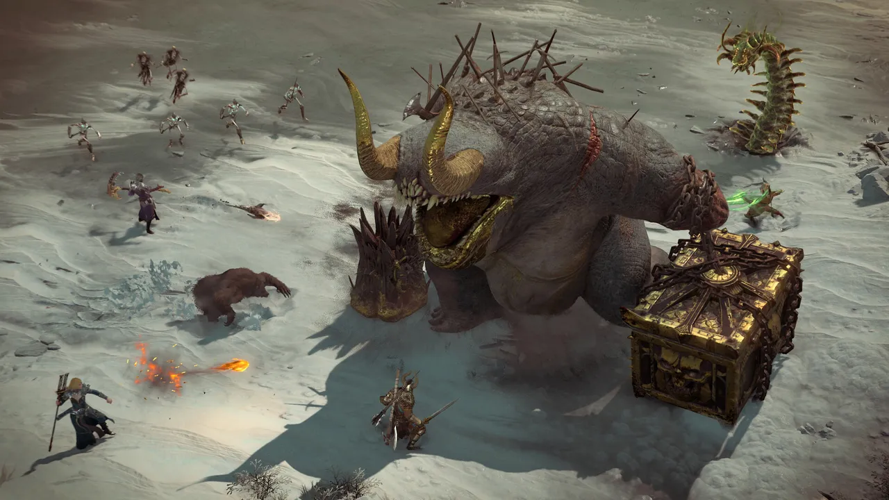 Diablo IV heroes fighting a giant demon in the snow