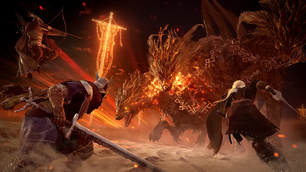 Elden Ring Nightreign three players fighting a fire boss