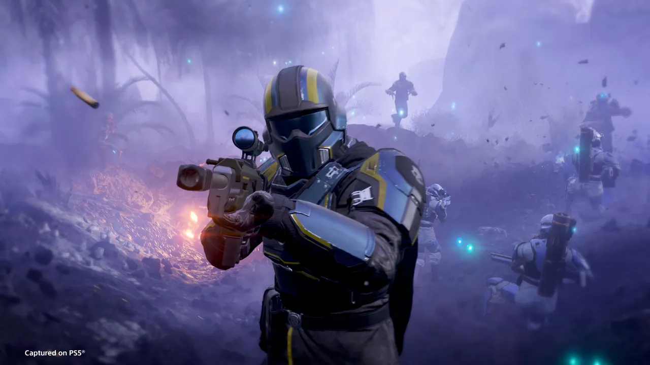 Helldivers 2 soldier aiming a rifle on an alien planet