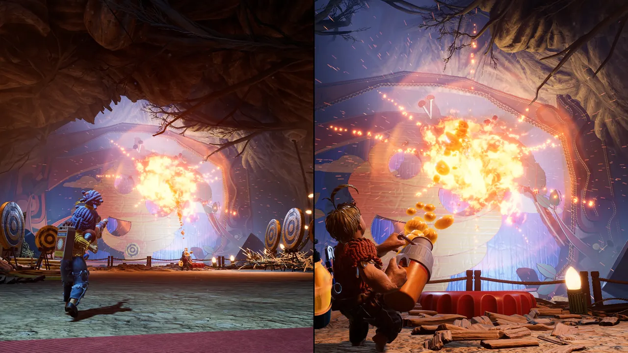It Takes Two split-screen with both players fighting a boss
