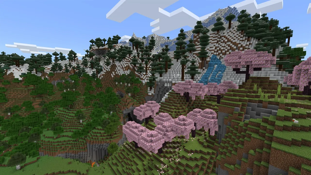 Minecraft world with cherry blossom trees and mountains