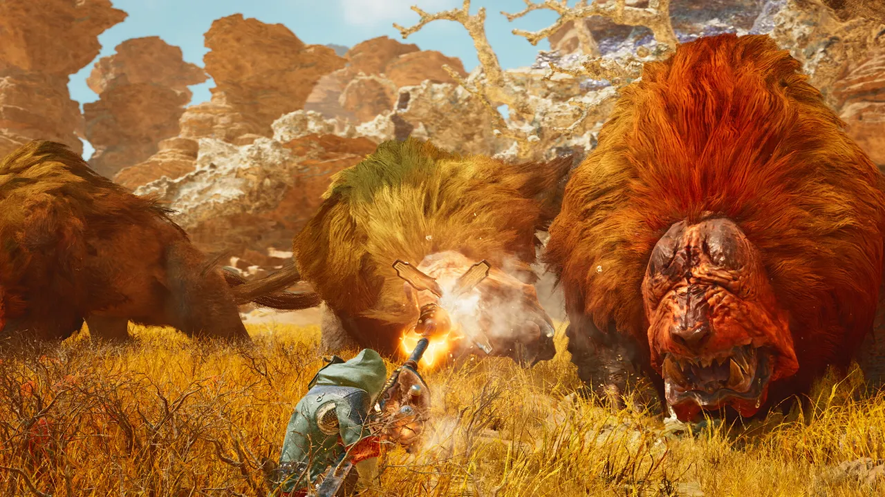 Monster Hunter Wilds hunter fighting a large beast