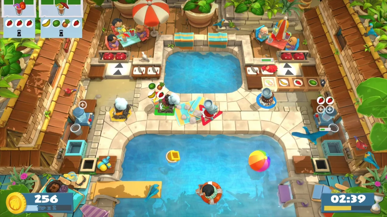 Overcooked kitchen level built around a swimming pool