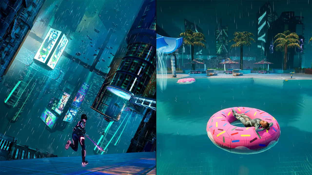 Split Fiction split-screen co-op showing both players in different worlds
