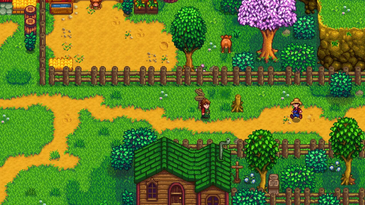 Stardew Valley farm with crops and buildings