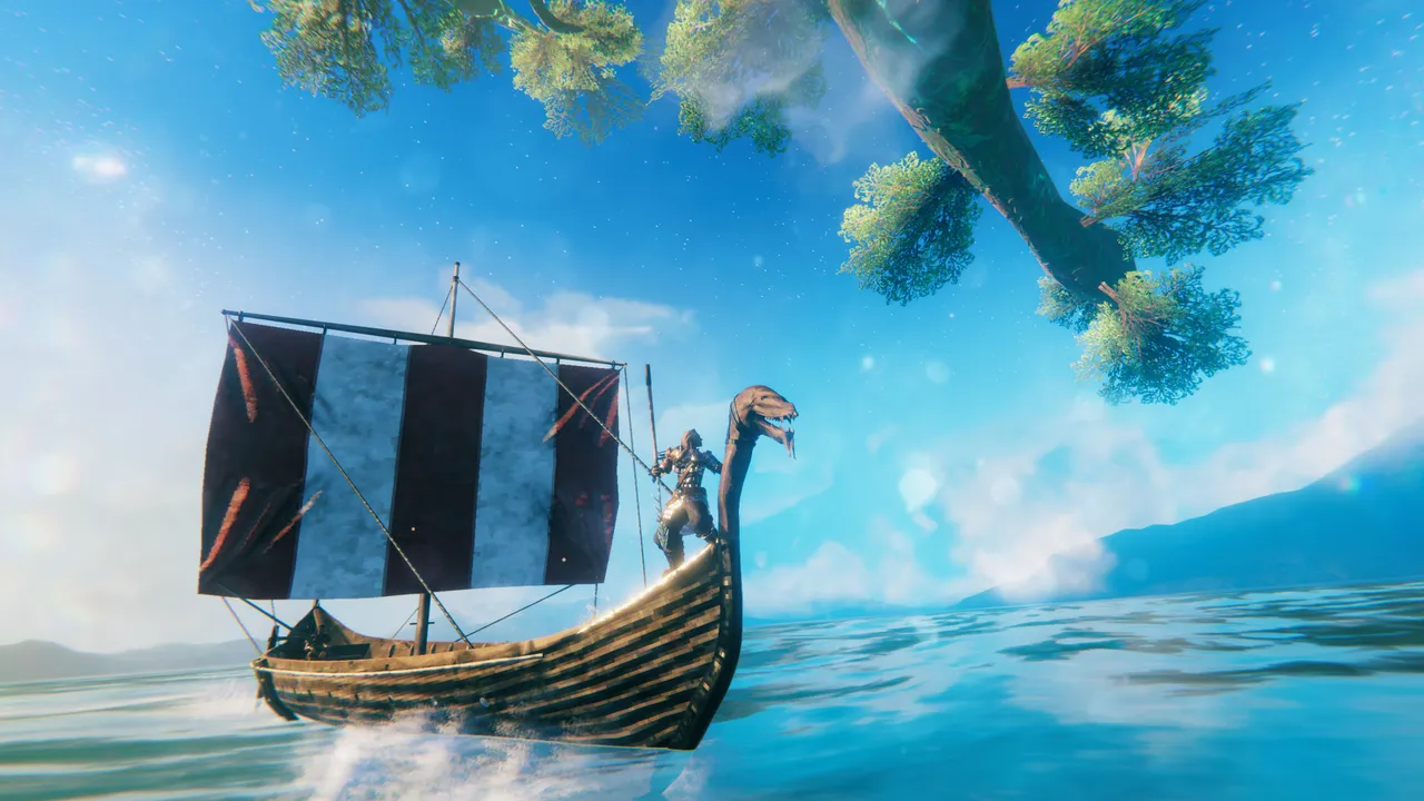 Valheim longship sailing on open water