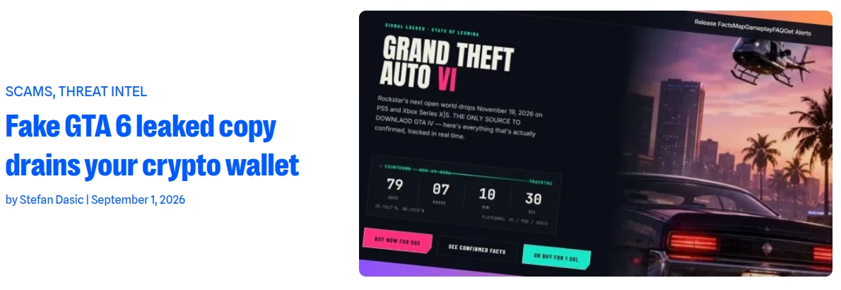 Malwarebytes Labs headline about a fake GTA 6 leaked copy that drains crypto wallets, with the scam site shown