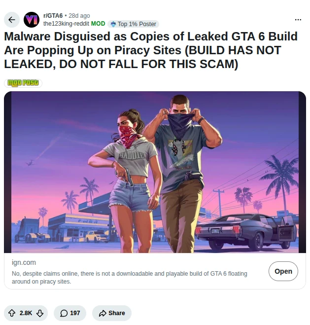 Reddit post in r/GTA6 by u/the123king-reddit: Malware Disguised as Copies of Leaked GTA 6 Build Are Popping Up on Piracy Sites (BUILD HA