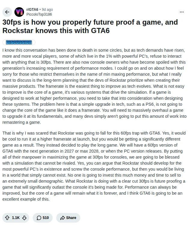 Reddit post in r/GTA6 by u/PiccoloTop3186: 30fps is how you properly future proof a game, and Rockstar knows this with GTA6