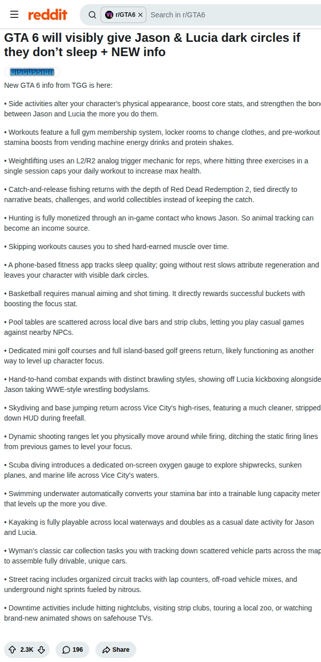 Reddit post in r/GTA6 by u/RealityCheckGiver: GTA 6 will visibly give Jason & Lucia dark circles if they don't sleep + NEW info