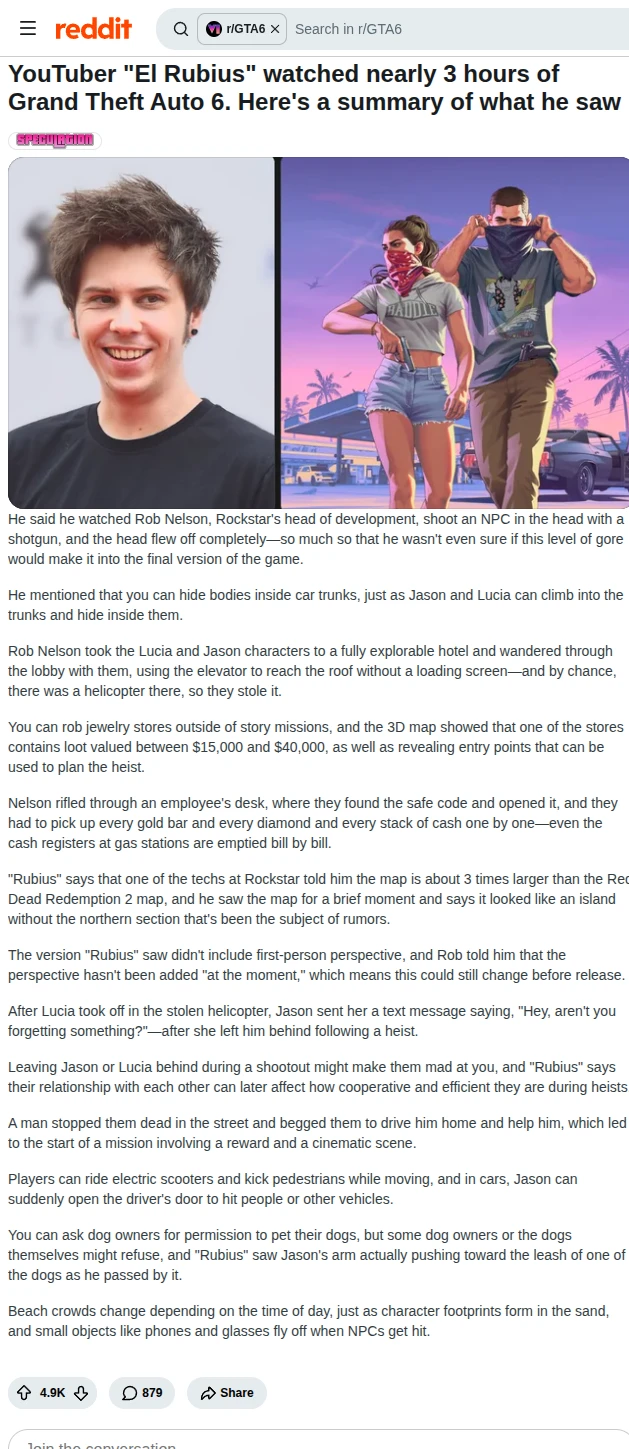 Reddit post in r/GTA6 by u/dubdizzle99: YouTuber 'El Rubius' watched nearly 3 hours of Grand Theft Auto 6. Here's a summary of wha