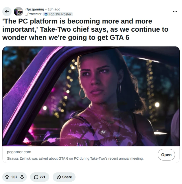 Reddit post in r/pcgaming by u/_Protector: 'The PC platform is becoming more and more important,' Take-Two chief says, as we continue