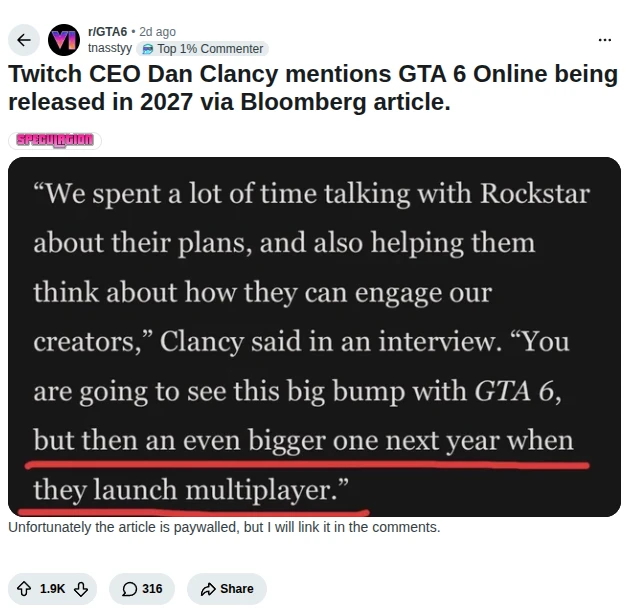 Reddit post in r/GTA6 by u/tnasstyy: Twitch CEO Dan Clancy mentions GTA 6 Online being released in 2027 via Bloomberg article.