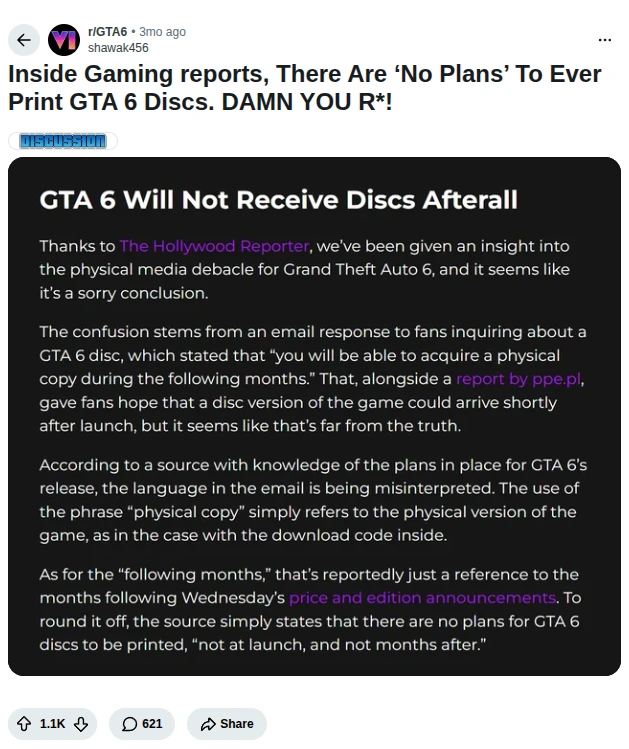 Reddit post in r/GTA6 by u/shawak456: Inside Gaming reports, There Are 'No Plans' To Ever Print GTA 6 Discs. DAMN YOU R*!