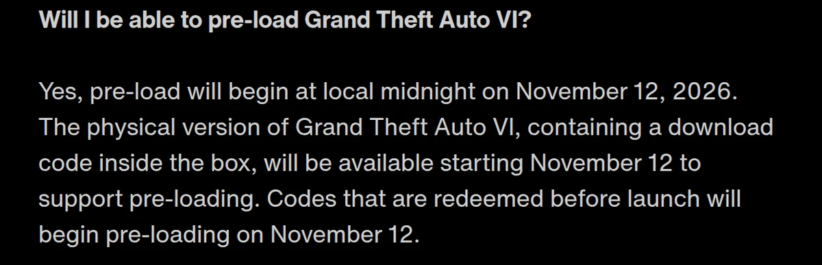 Rockstar Support text: pre-load will begin at local midnight on November 12, 2026