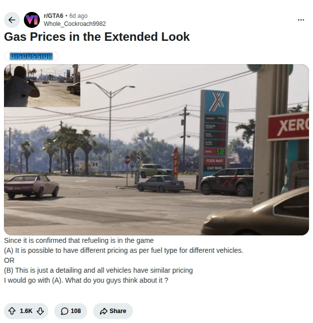 Reddit post in r/GTA6 by u/Whole_Cockroach9982: Gas Prices in the Extended Look
