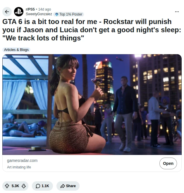 Reddit post in r/PS5 by u/SweetyGonzalez: GTA 6 is a bit too real for me - Rockstar will punish you if Jason and Lucia don't get a g