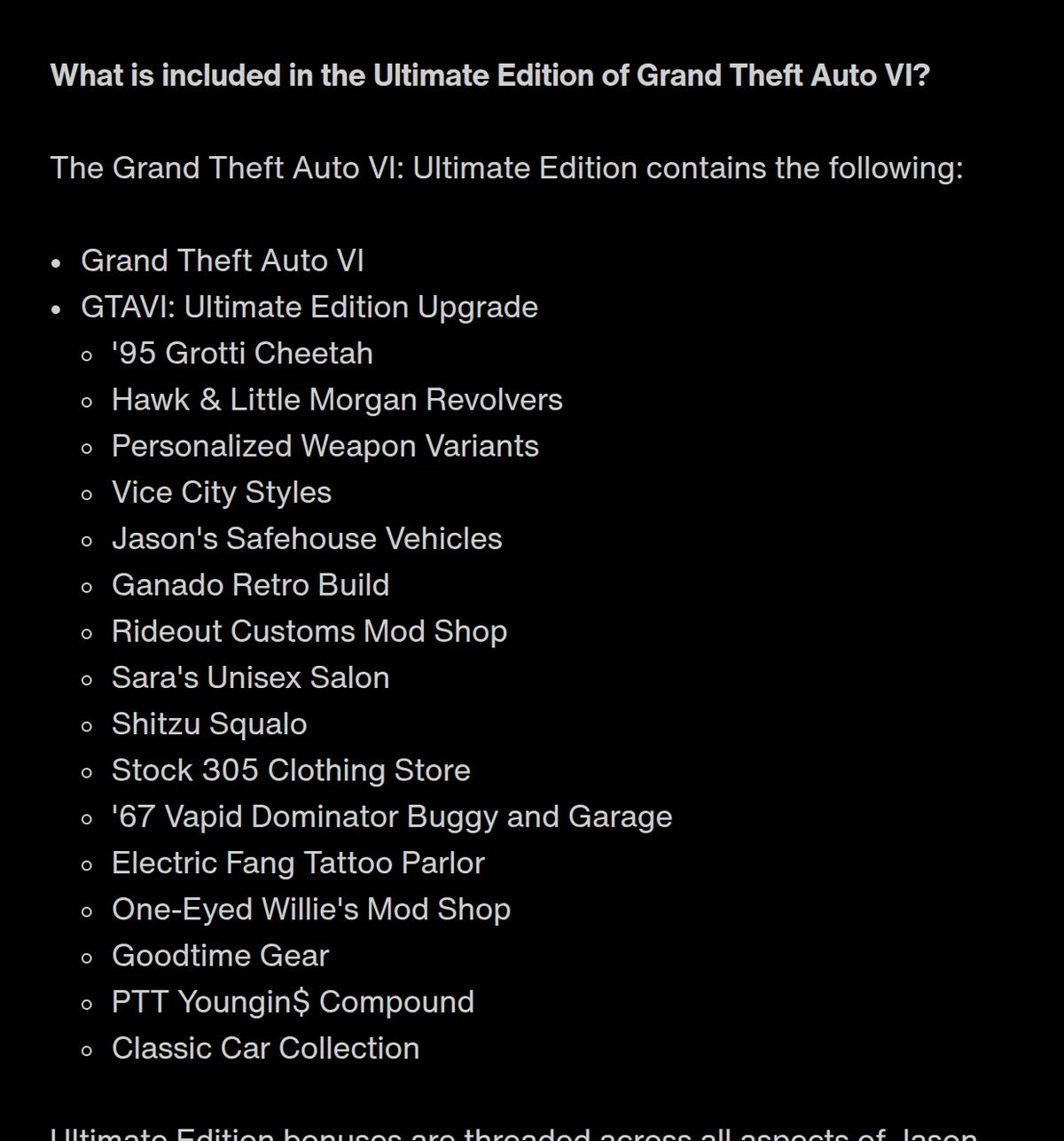 Rockstar Support crop listing what the Ultimate Edition contains