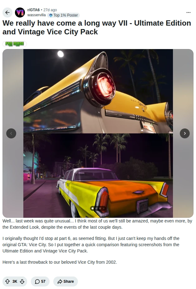 Reddit post in r/GTA6 by u/wasservilla: We really have come a long way VII - Ultimate Edition and Vintage Vice City Pack