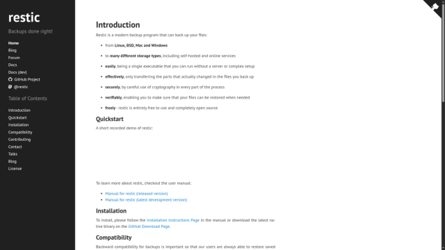 restic website homepage
