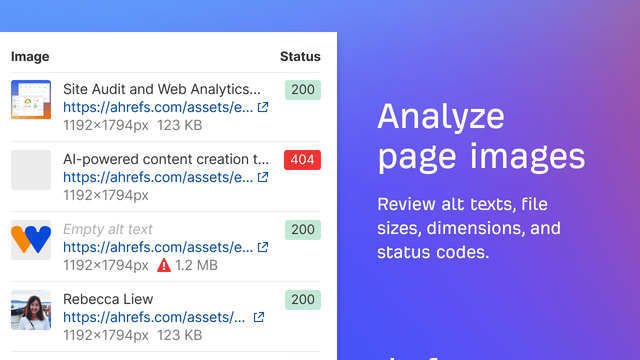 Ahrefs SEO Toolbar image report listing alt text, file sizes and status codes