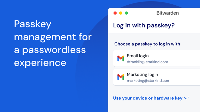 Bitwarden offering to log in to a site with a saved passkey