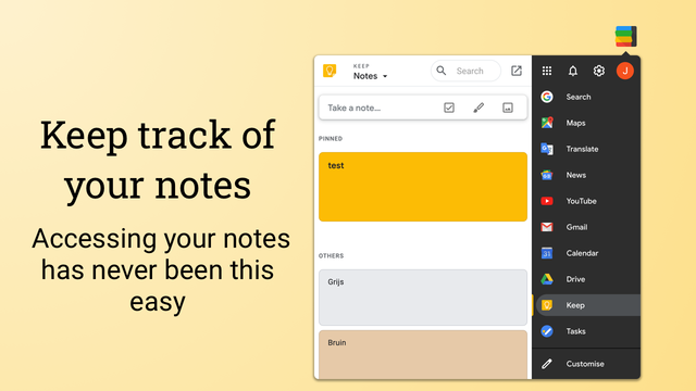 Black Menu for Google showing Google Keep notes in a dropdown menu
