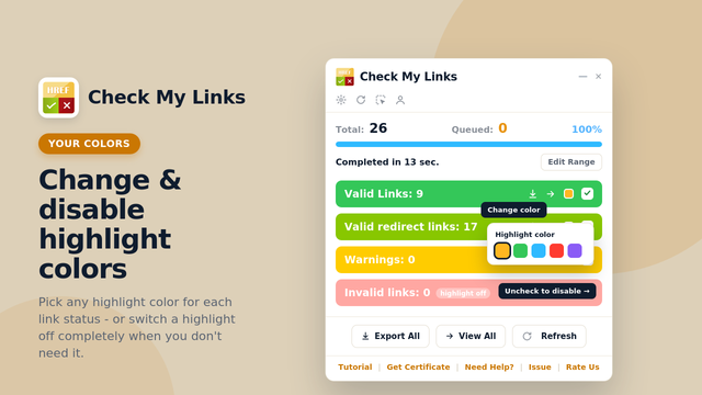 Check My Links highlighting valid, redirected and broken links on a page