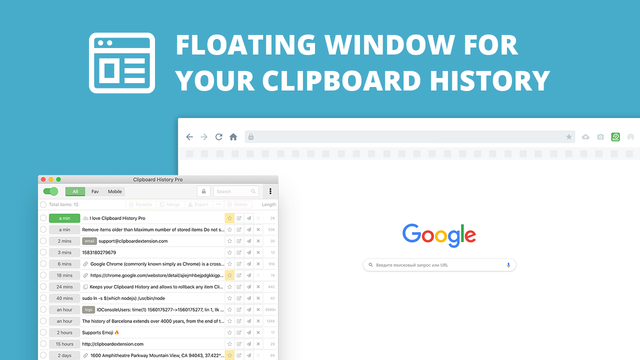 Clipboard History Pro showing a floating window of recently copied text