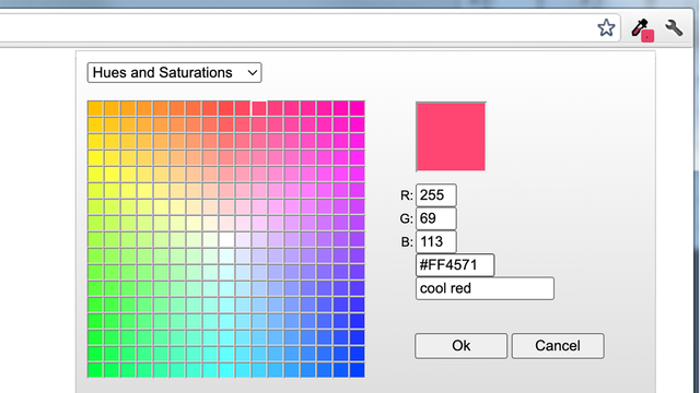 ColorZilla colour picker window with RGB and hex values
