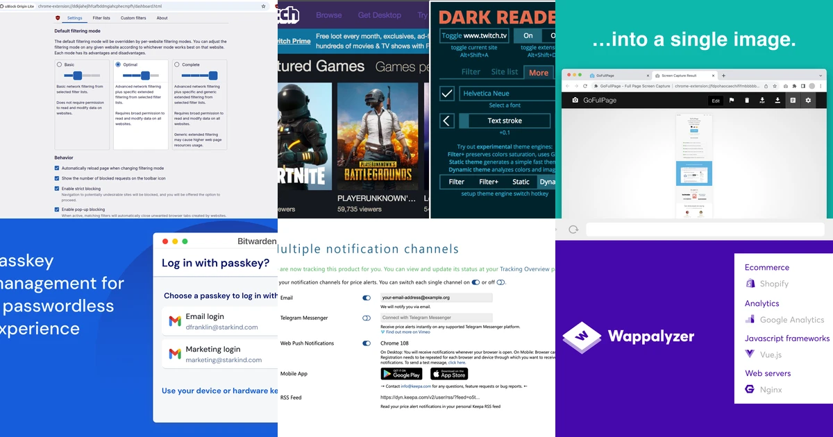 Collage of Chrome Web Store screenshots from uBlock Origin Lite, Dark Reader, GoFullPage, Bitwarden, Keepa and Wappalyzer