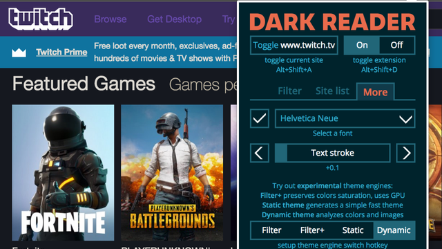 Dark Reader settings popup with brightness, font and theme engine options over a Twitch page
