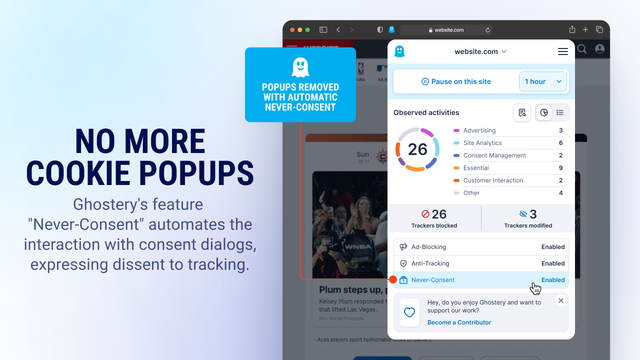 Ghostery Never-Consent feature closing cookie pop-ups automatically