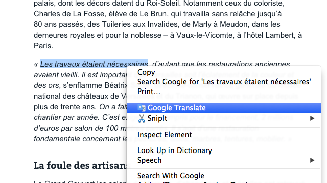 Google Translate option in the right-click menu on a French web page