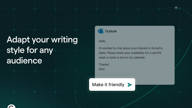 Grammarly suggesting a friendlier rewrite of an email in Outlook