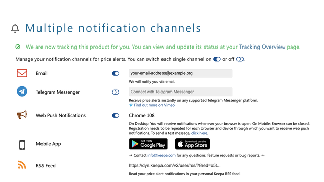 Keepa price alert settings with email, Telegram and push notification channels