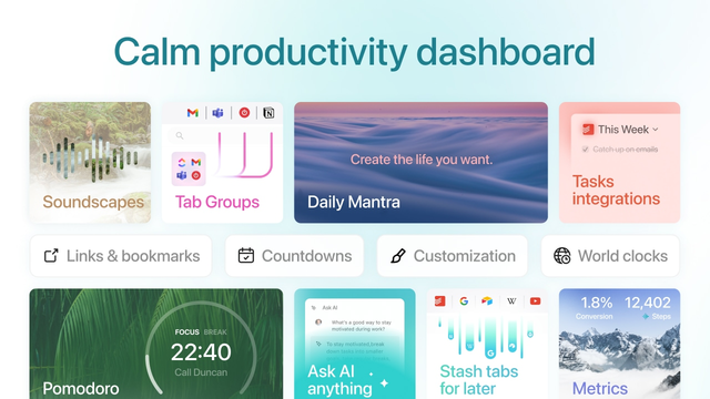 Momentum new tab widgets including a Pomodoro timer, world clocks and soundscapes