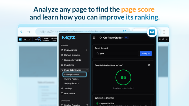 MozBar on-page grader showing an optimisation score for a keyword