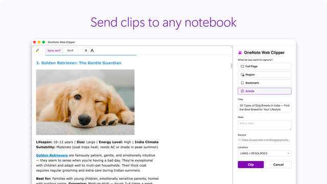 OneNote Web Clipper saving a recipe article into a OneNote notebook