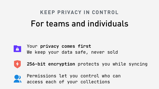 Raindrop.io privacy screen describing encryption and collection permissions