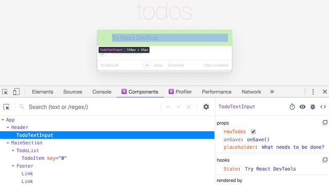 React Developer Tools Components tab showing the component tree and props
