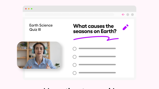 Screencastify video with an embedded quiz question beside a presenter