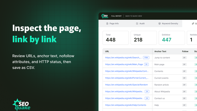 SEOquake link report listing URLs, anchor text, nofollow attributes and status