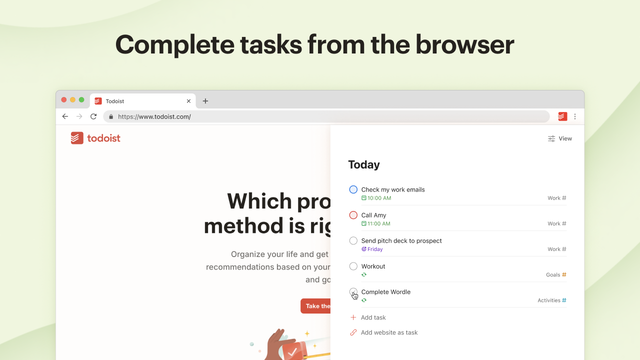 Todoist for Chrome showing today's task list in a popup next to a web page