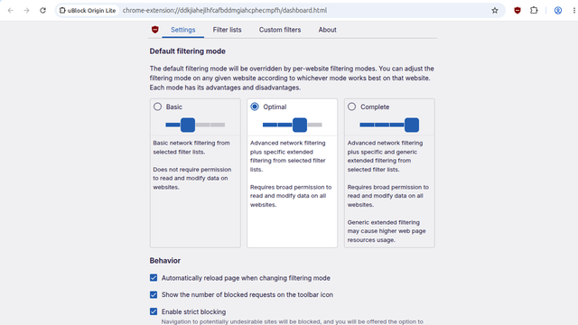 uBlock Origin Lite settings with Basic, Optimal and Complete filtering modes