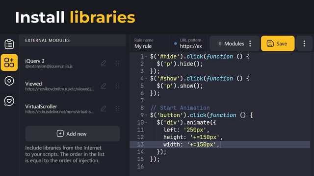User JavaScript and CSS editor with a script and module list for a site
